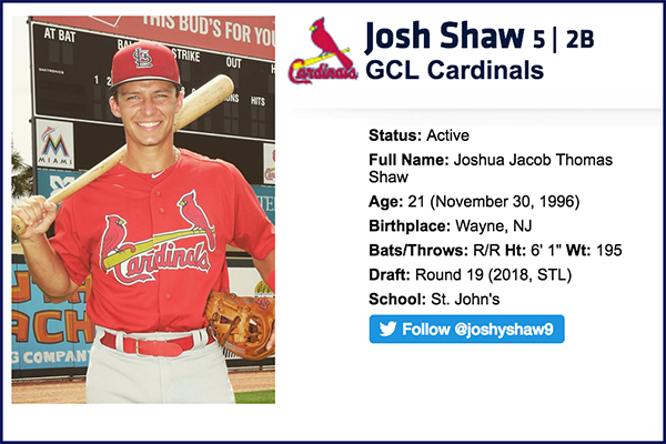 Josh Shaw, BY '14 & '15, promoted to Palm Beach Cardinals of the FL State League (Advanced A)